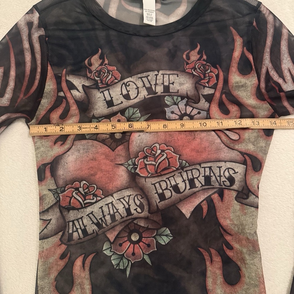 RSQ Black Tattoo Women Mesh Sheer Tee Top Love Always Burns Motorcycl Y2K Medium - Picture 5 of 11